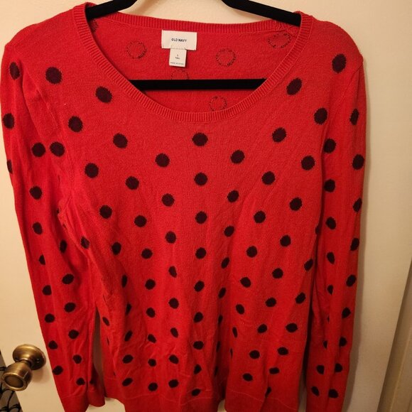 Women's Old Navy Red Sweater with Navy Polka Dots - Size L Tall - Picture 1 of 3